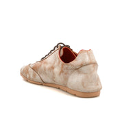 The Bed Stu Bingo II is a beige and brown leather sneaker with laces, shown from the back, featuring a tan XL EXTRALIGHT outsole and red interior lining.