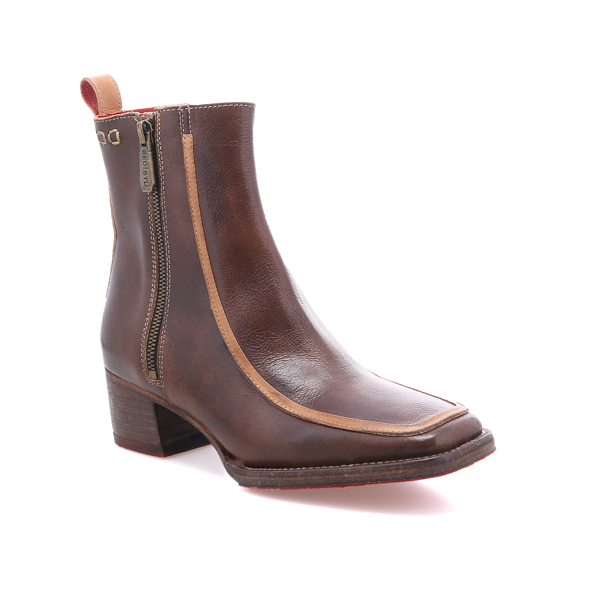 The Bed Stu Bitsy is a brown leather ankle boot featuring a stacked heel, side zipper, tan trim, and back pull tab, shown on a white background.