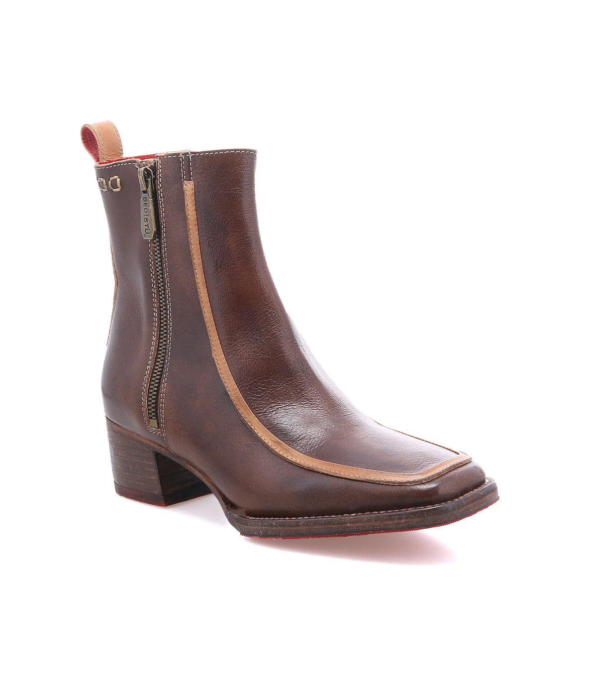 The Bed Stu Bitsy is a brown leather ankle boot featuring a stacked heel, side zipper, tan trim, and back pull tab, shown on a white background.