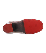 Bottom view of the Bed Stu Bitsy brown leather dress shoe features a red Vibram rubber sole, stacked heel, visible branding, and textured grip pattern.