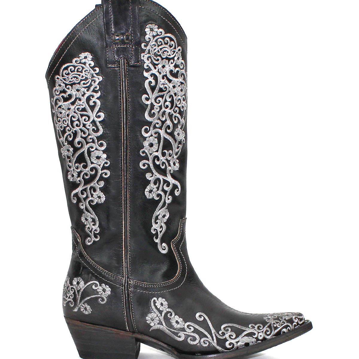 Black cowboy boot with white floral embroidery on a white background