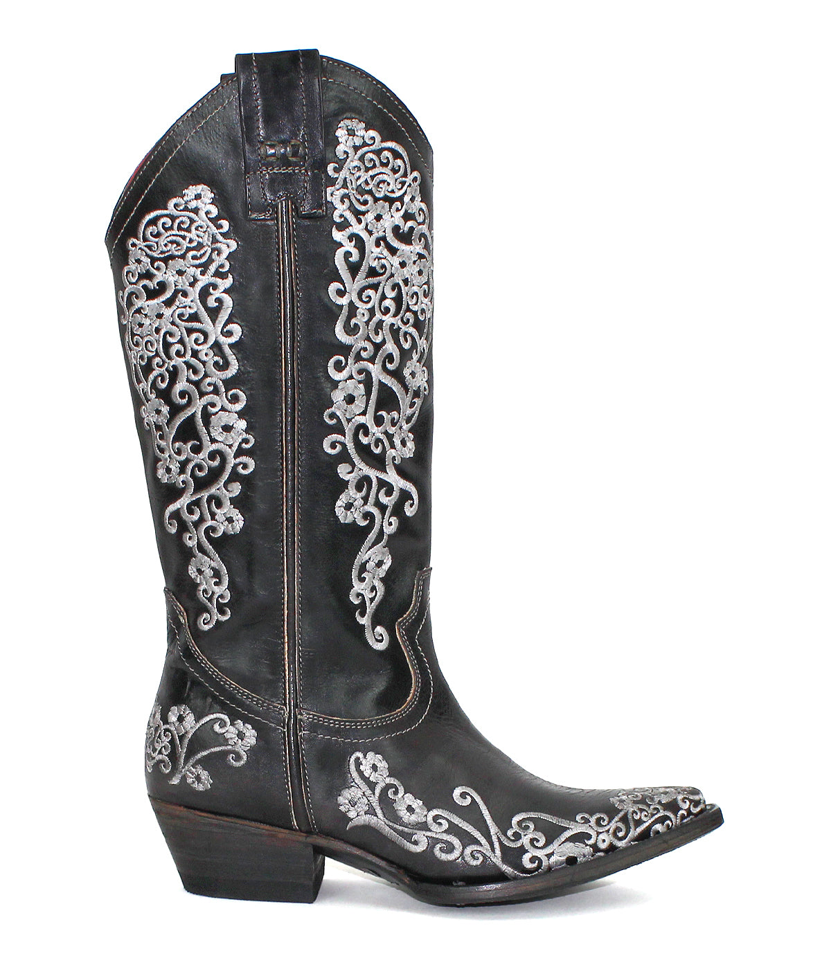 Black cowboy boot with white floral embroidery on a white background