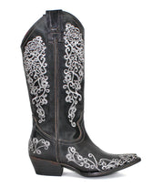 Black cowboy boot with white floral embroidery on a white background
