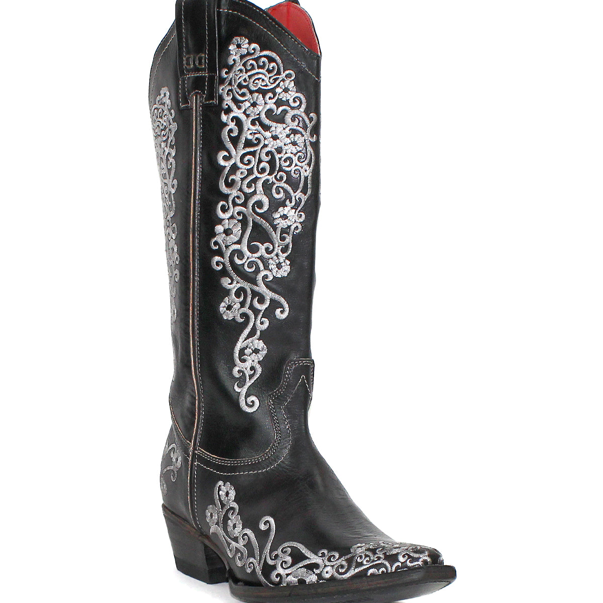 Black cowboy boot with white embroidery on a white background