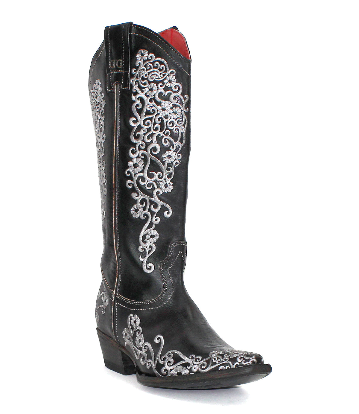 Black cowboy boot with white embroidery on a white background