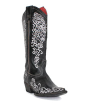 Black cowboy boot with white embroidery on a white background