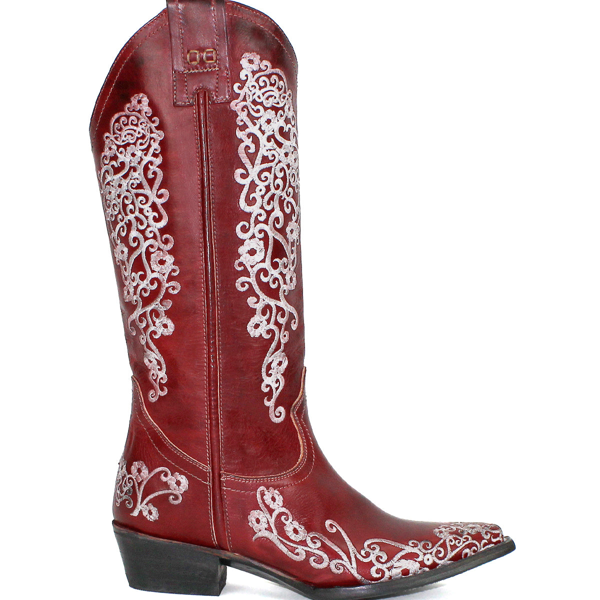 The Bed Stu Blackjack boot is a single tall, red leather Western boot with white floral embroidery and a low angled heel, shown in profile against a white background.