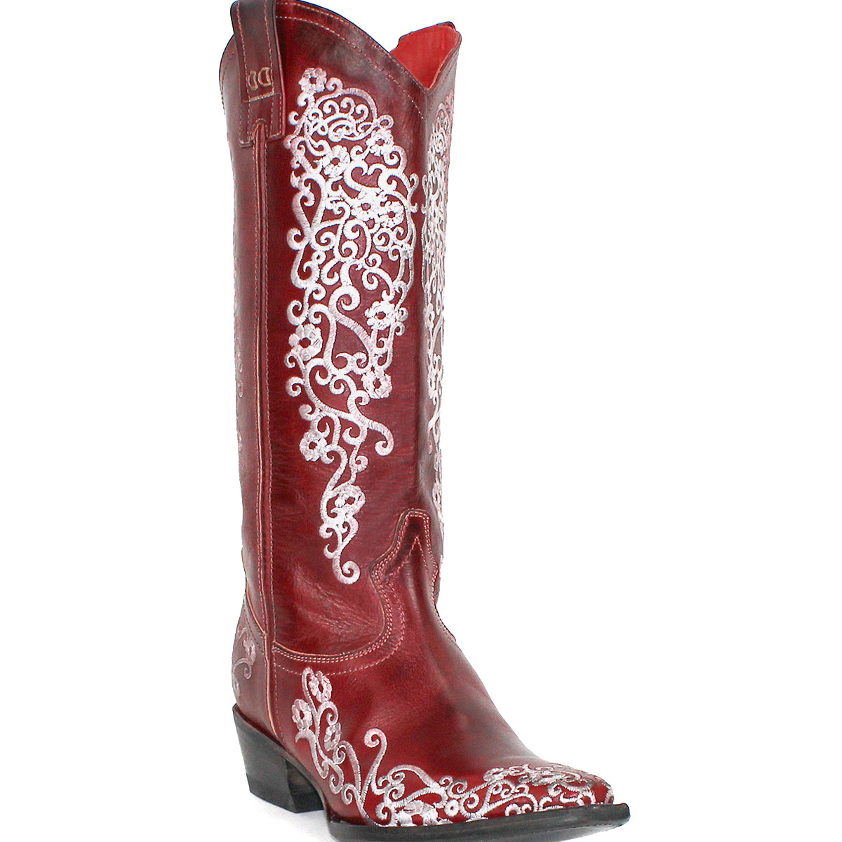 The Bed Stu Blackjack is a single Western tall boot in red leather with ornate white floral embroidery on the shaft and foot, featuring a low heel and snip toe.