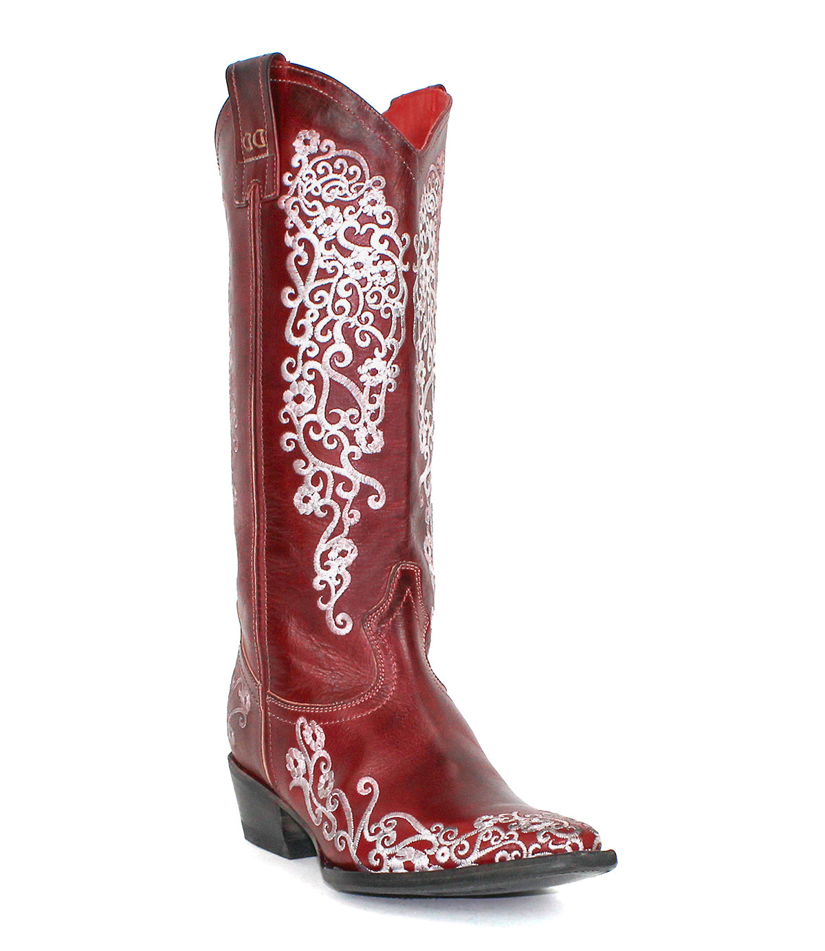 The Bed Stu Blackjack is a single Western tall boot in red leather with ornate white floral embroidery on the shaft and foot, featuring a low heel and snip toe.