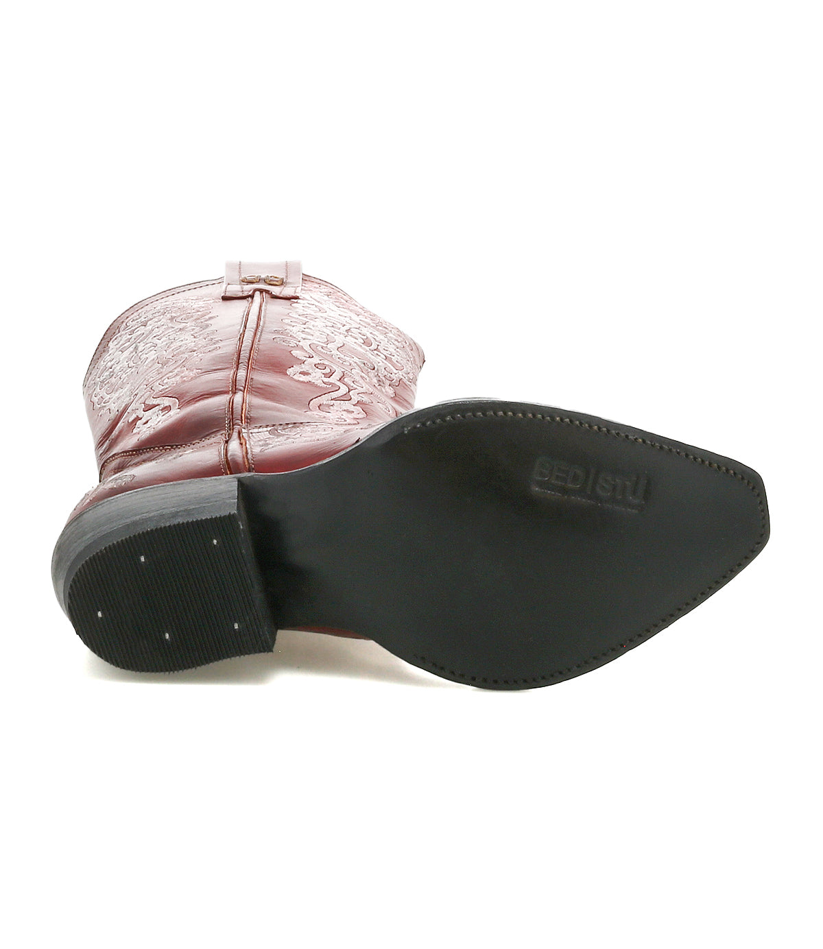 A close-up of the sole of the Bed Stu Blackjack brown leather Western tall boot, featuring "BED|STU" branding on the bottom.