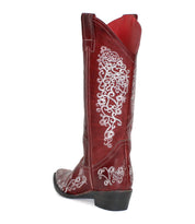 The Bed Stu Blackjack boot is a red leather Western tall boot with white floral embroidery, a black heel, and a snip toe, shown from a rear side angle.