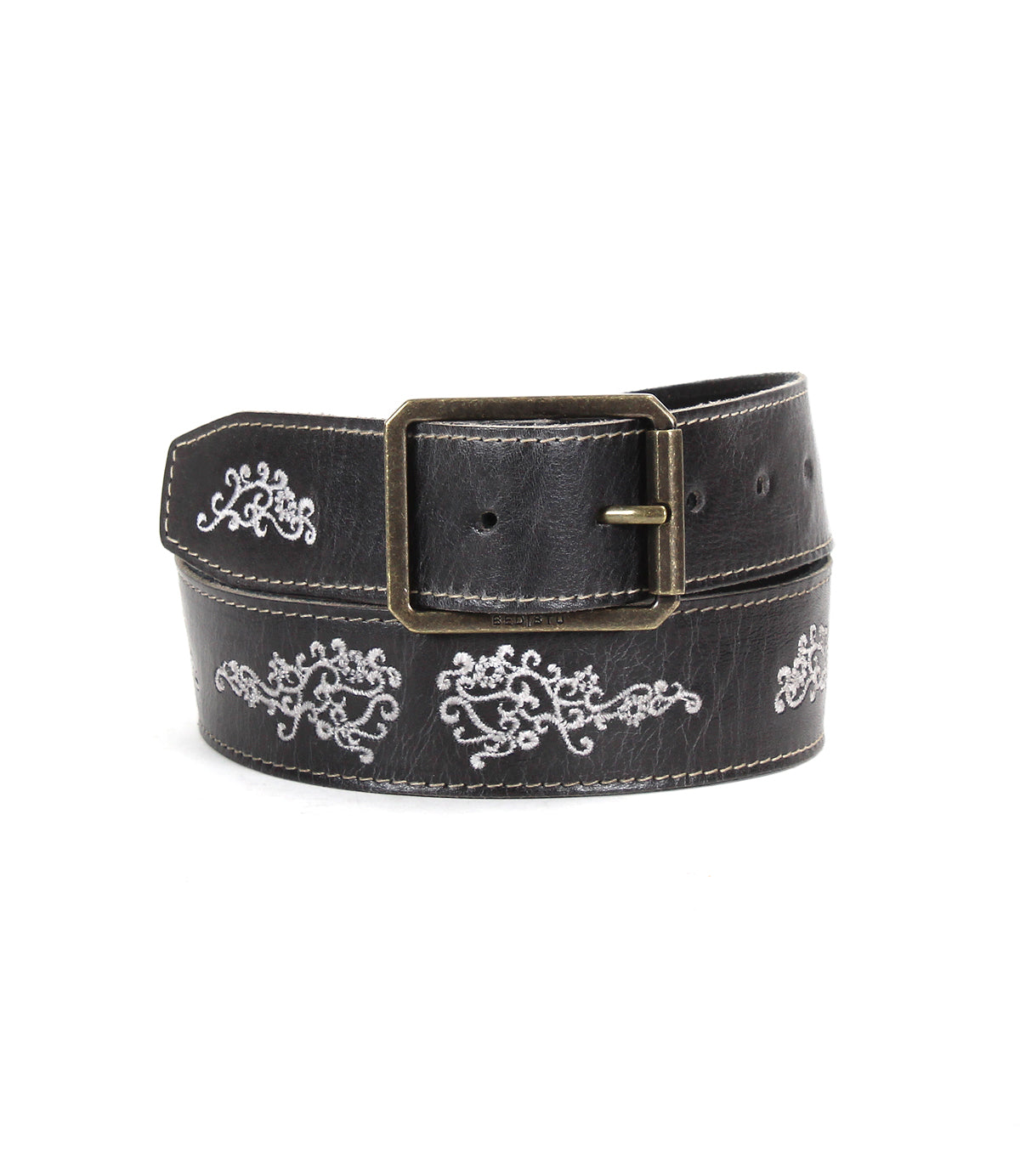 The Bed Stu Blaze JB is a black full-grain leather belt with white decorative stitching and a rectangular antique-finished buckle.