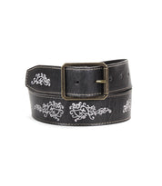 The Bed Stu Blaze JB is a black full-grain leather belt with white decorative stitching and a rectangular antique-finished buckle.