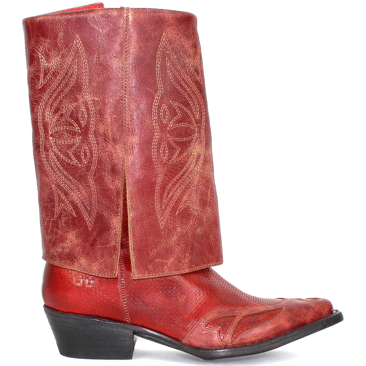 Bed Stu’s “Blind” is a single red distressed leather cowboy boot featuring decorative stitching, pointed toe, angled heel, and slouchy upper shaft in side view, showcasing its classic Western silhouette.