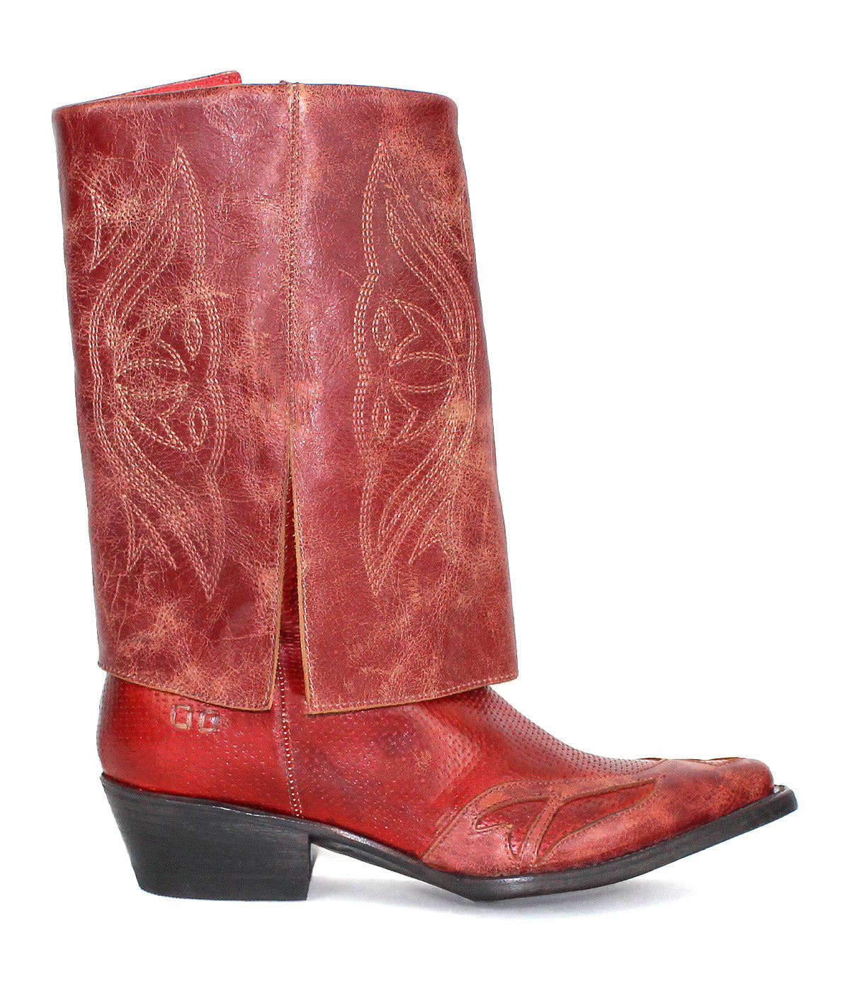 Bed Stu’s “Blind” is a single red distressed leather cowboy boot featuring decorative stitching, pointed toe, angled heel, and slouchy upper shaft in side view, showcasing its classic Western silhouette.