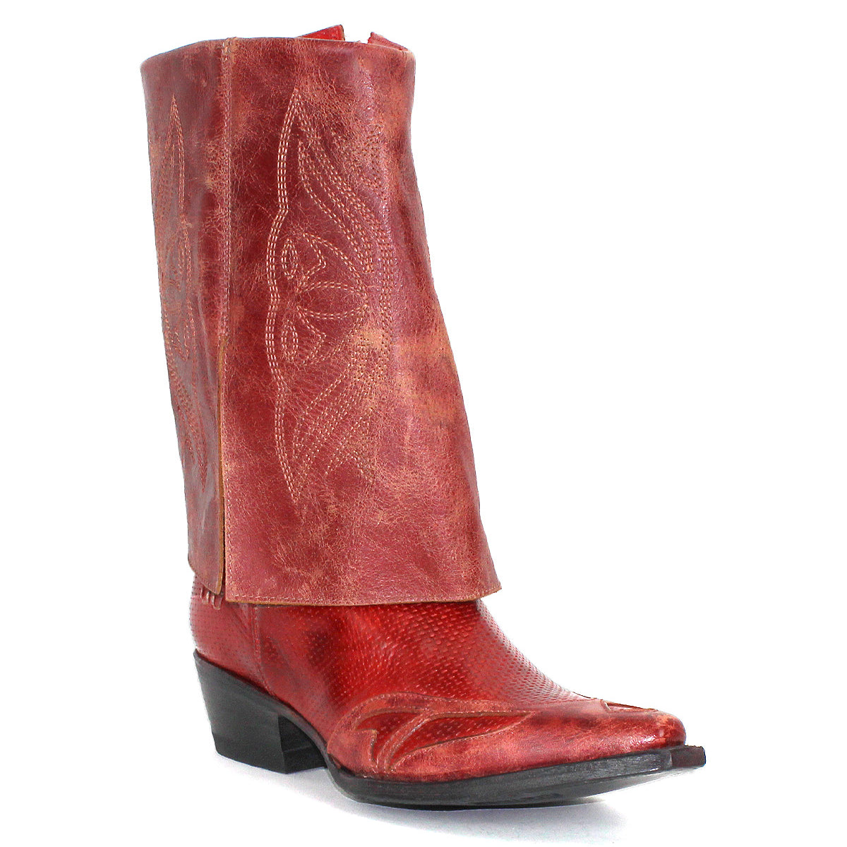 The Bed Stu Blind is a single red distressed leather cowboy boot with decorative shaft stitching, a pointed toe, and a low black heel, angled slightly left.