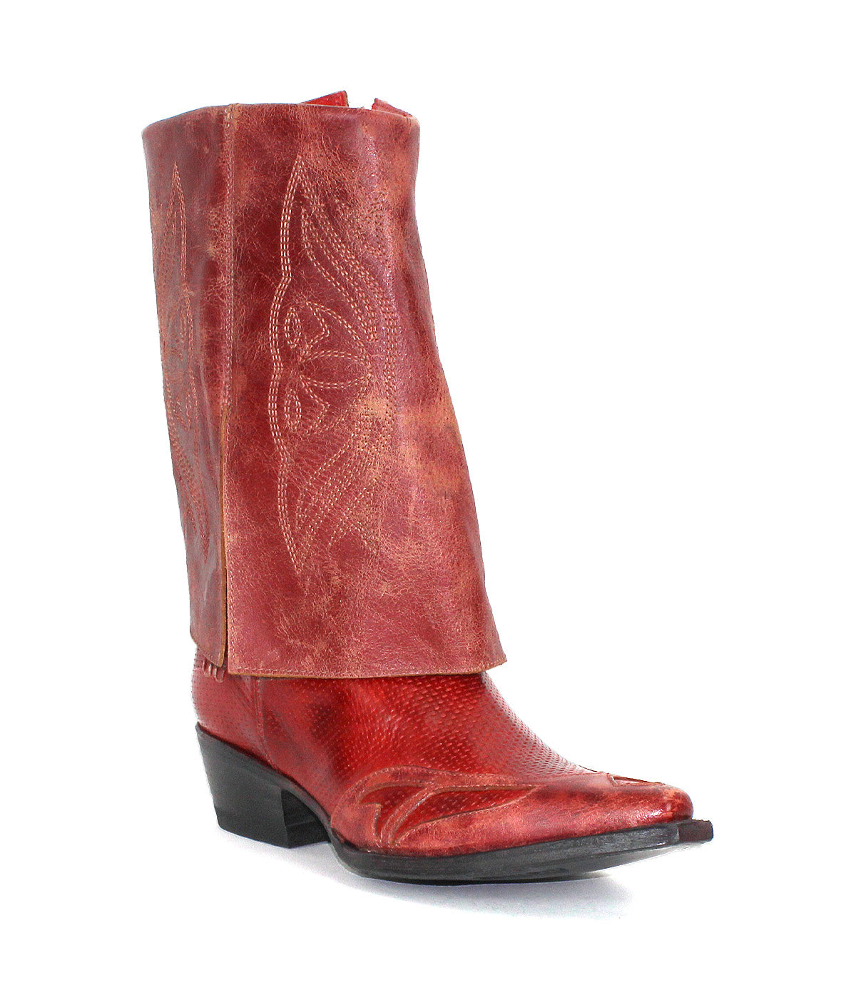 The Bed Stu Blind is a single red distressed leather cowboy boot with decorative shaft stitching, a pointed toe, and a low black heel, angled slightly left.