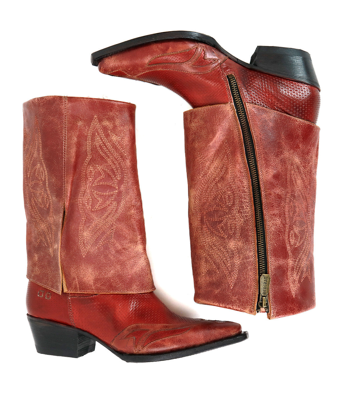 The Bed Stu Blind boots are red distressed leather cowboy boots with decorative stitching, side zippers, and a classic Western silhouette, shown in both side and top views.