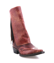 The Bed Stu Blind is a handcrafted brown leather foldover boot featuring decorative stitching, a pointed toe, and a low heel, shown against a white background.