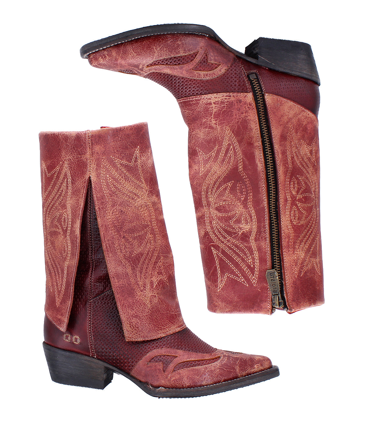 The Bed Stu Blind boots are distressed leather cowboy boots featuring embroidered patterns, side zippers, and angled heels for a classic Western look.