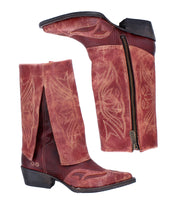 The Bed Stu Blind boots are distressed leather cowboy boots featuring embroidered patterns, side zippers, and angled heels for a classic Western look.