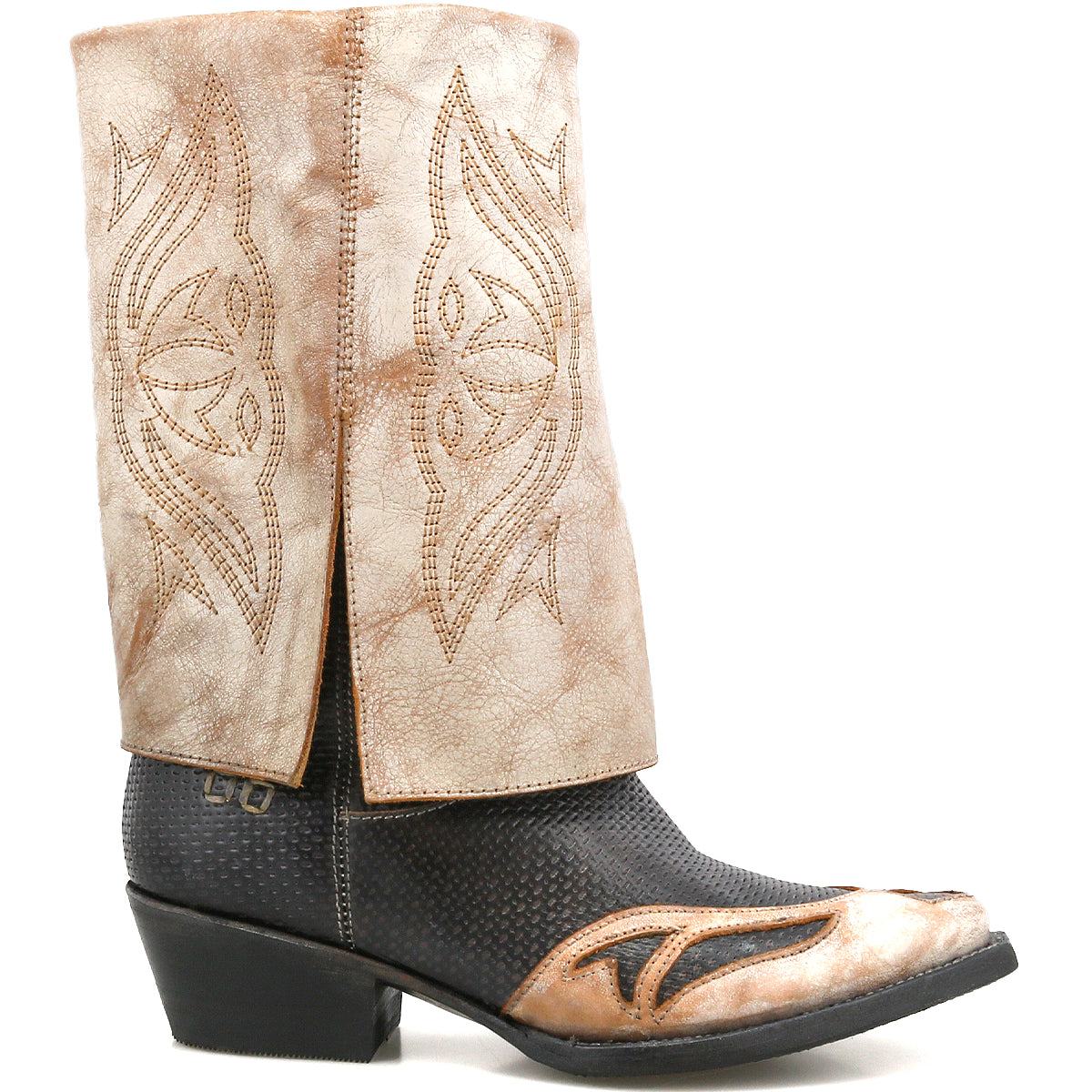 The Bed Stu Blind is a handcrafted leather Western boot with a light tan decorative upper, black textured lower, angled heel, and stitched patterns—perfectly blending classic style with detailed artistry.