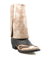 The Bed Stu Blind is a handcrafted leather Western boot featuring a black lower, tan upper shaft, decorative stitching, and a low heel, shown on a white background.