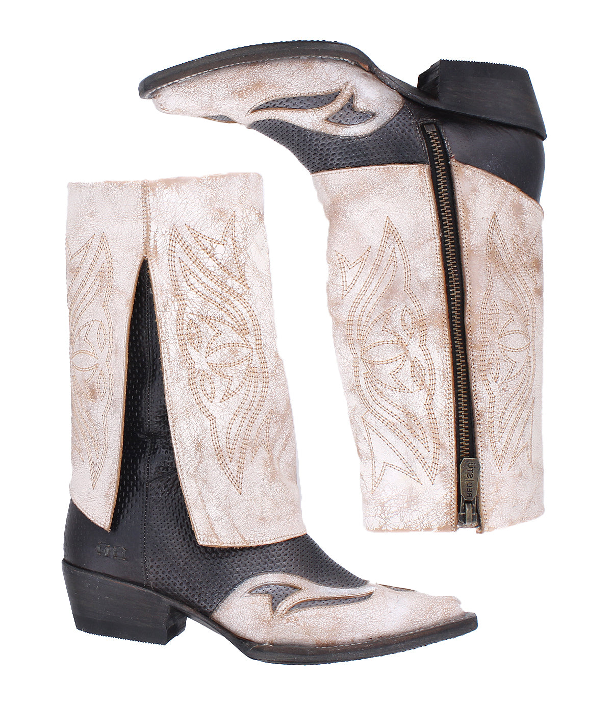 Bed Stu Blind boots are distressed leather cowboy boots featuring decorative stitching, side zippers, and angled heels for a classic Western look, highlighted from the side and back.