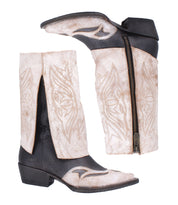 Bed Stu Blind boots are distressed leather cowboy boots featuring decorative stitching, side zippers, and angled heels for a classic Western look, highlighted from the side and back.