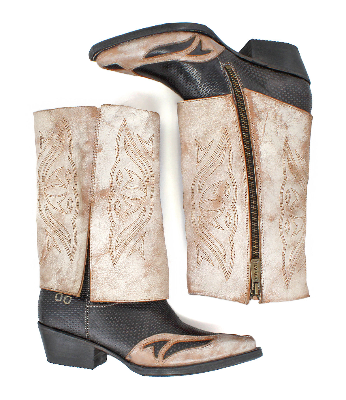 The Bed Stu Blind boots feature handcrafted leather, light brown decorative uppers, black textured lowers, side zippers, and block heels. Shown from side and top angles.