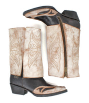The Bed Stu Blind boots feature handcrafted leather, light brown decorative uppers, black textured lowers, side zippers, and block heels. Shown from side and top angles.