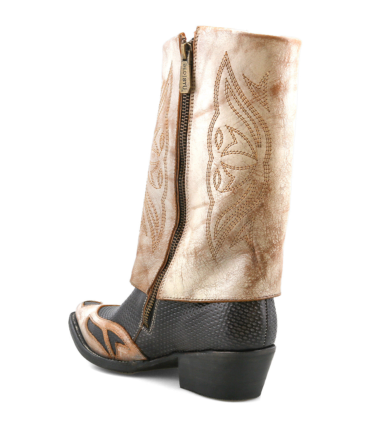 A single Bed Stu Blind boot, handcrafted with a tan embroidered upper, black textured lower, side zipper, and low heel, displayed on a white background.