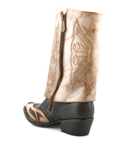 A single Bed Stu Blind boot, handcrafted with a tan embroidered upper, black textured lower, side zipper, and low heel, displayed on a white background.