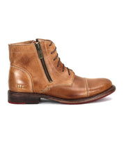 The Bed Stu Bonnie II is a brown leather combat ankle boot with a cap toe, side zipper, decorative stitching, low stacked heel, and Goodyear welted outsole. Shown in profile on a white background.