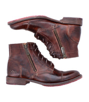 The Bed Stu Bonnie II boots are brown leather combat ankle boots with cap toe detailing, zippers, and visible stitching, shown from the side on a white background.