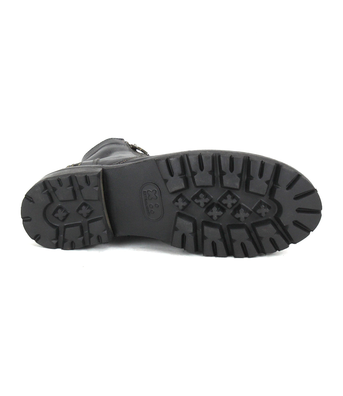 The image displays the sole of the Bed|Stü Bonnie IV black leather combat boot, featuring a rugged tread pattern, as seen from the bottom against a white background.