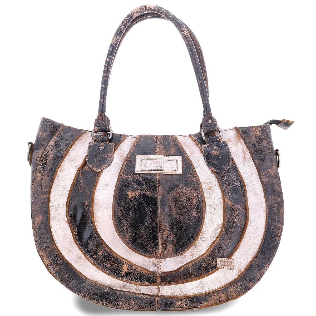 The Bed Stu Brawler is a large, worn leather tote bag with a circular brown and white pattern. It features double handles, a small stitched external pocket, and ample space for all your essentials.