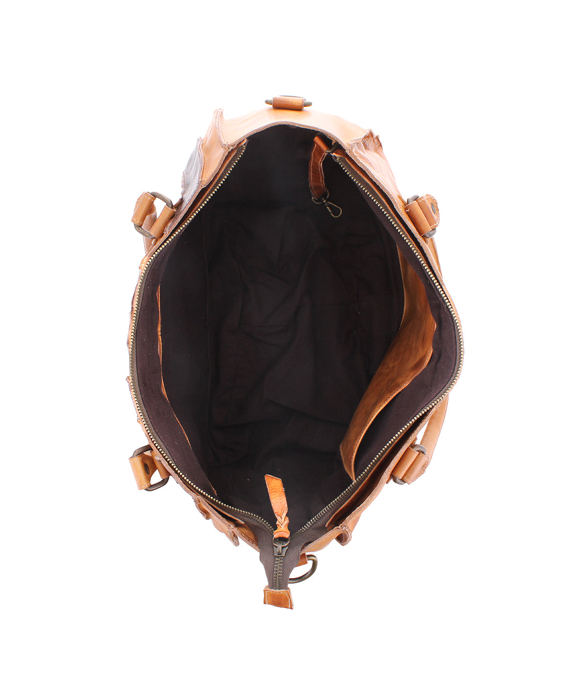 The Bed Stu Brawler is an open brown leather bag featuring a zippered top, crossbody strap, and a spacious interior lined with dark fabric.