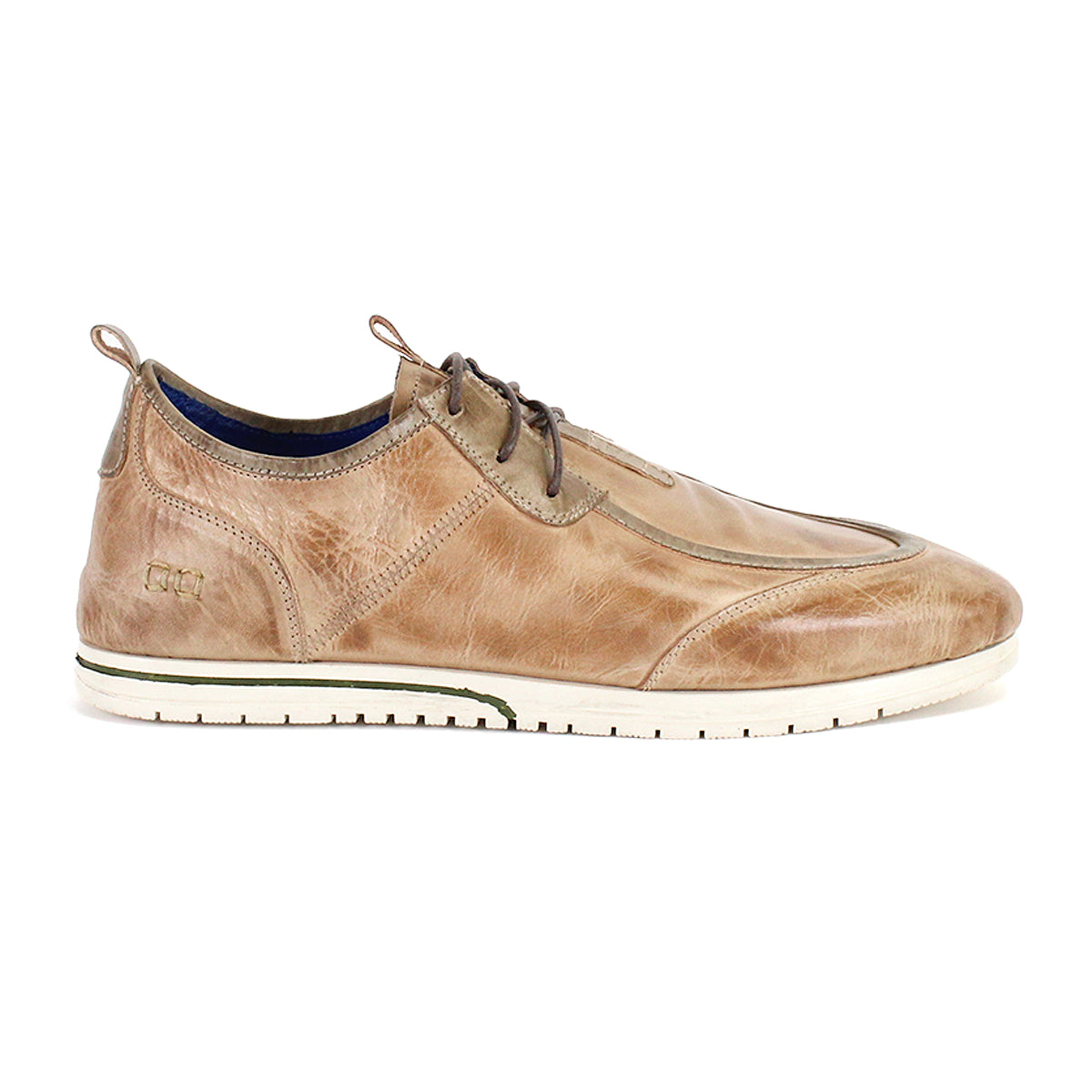 The Bed|Stü Britches is a tan chukka-style leather casual shoe featuring laces, a refined white rubber sole, and detailed stitching, shown in a left-side profile against a white background.