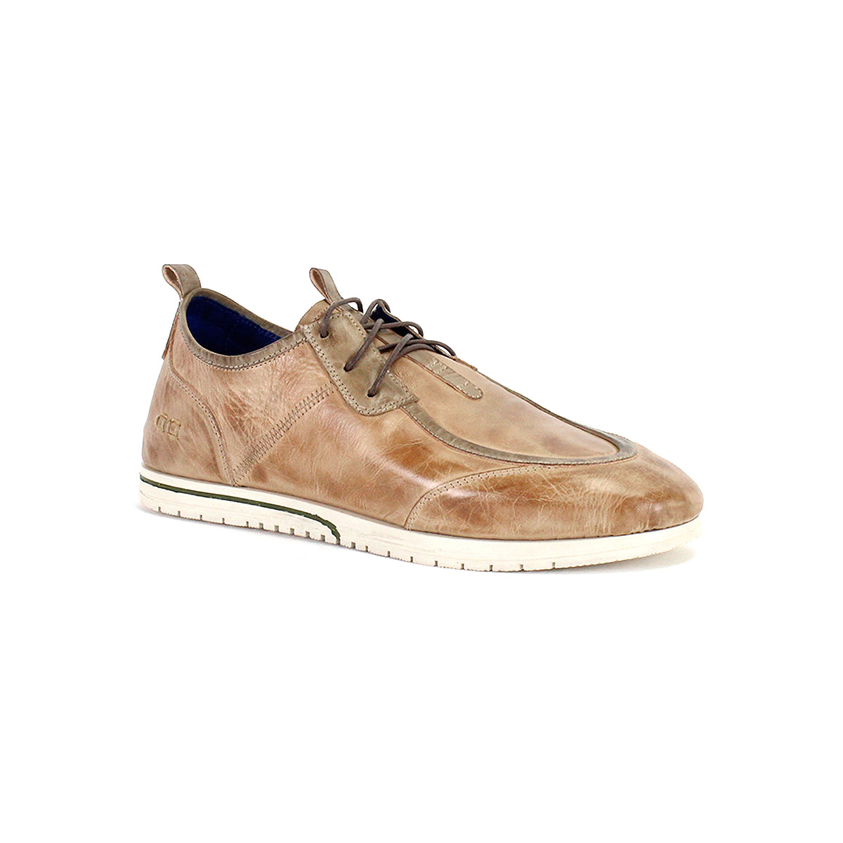 The Bed|Stü Britches is shown against a plain white background, featuring refined tan leather, brown laces, a white rubber sole, and detailed stitching.