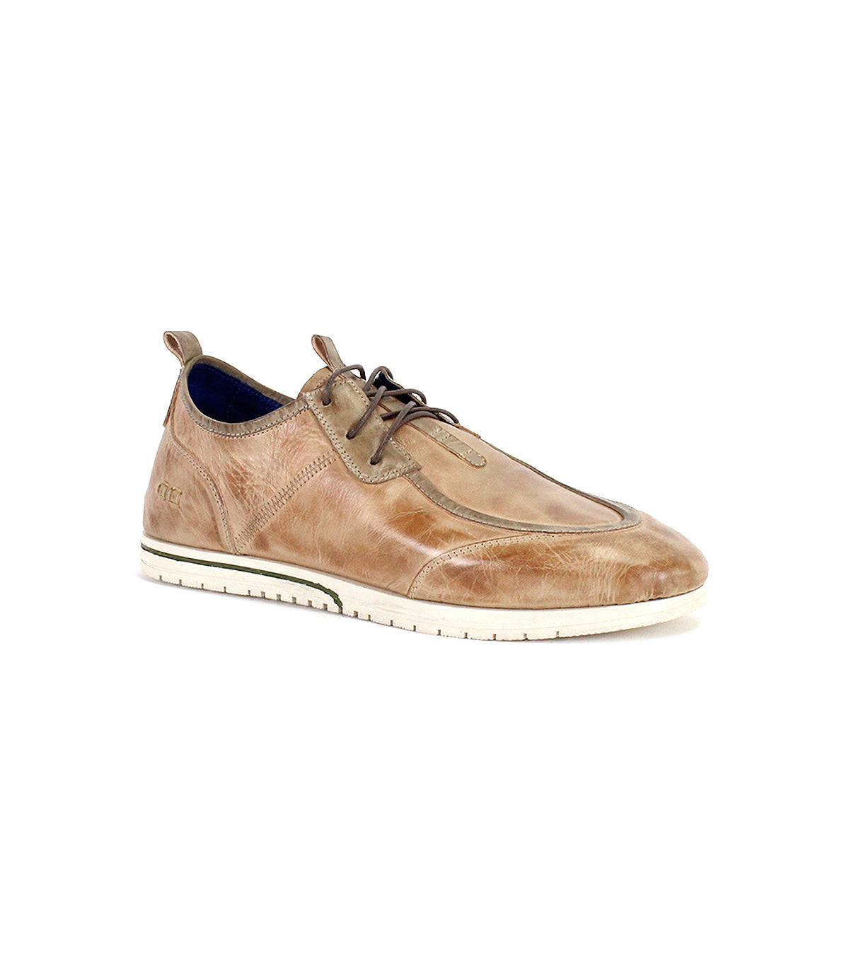 The Bed|Stü Britches is shown against a plain white background, featuring refined tan leather, brown laces, a white rubber sole, and detailed stitching.