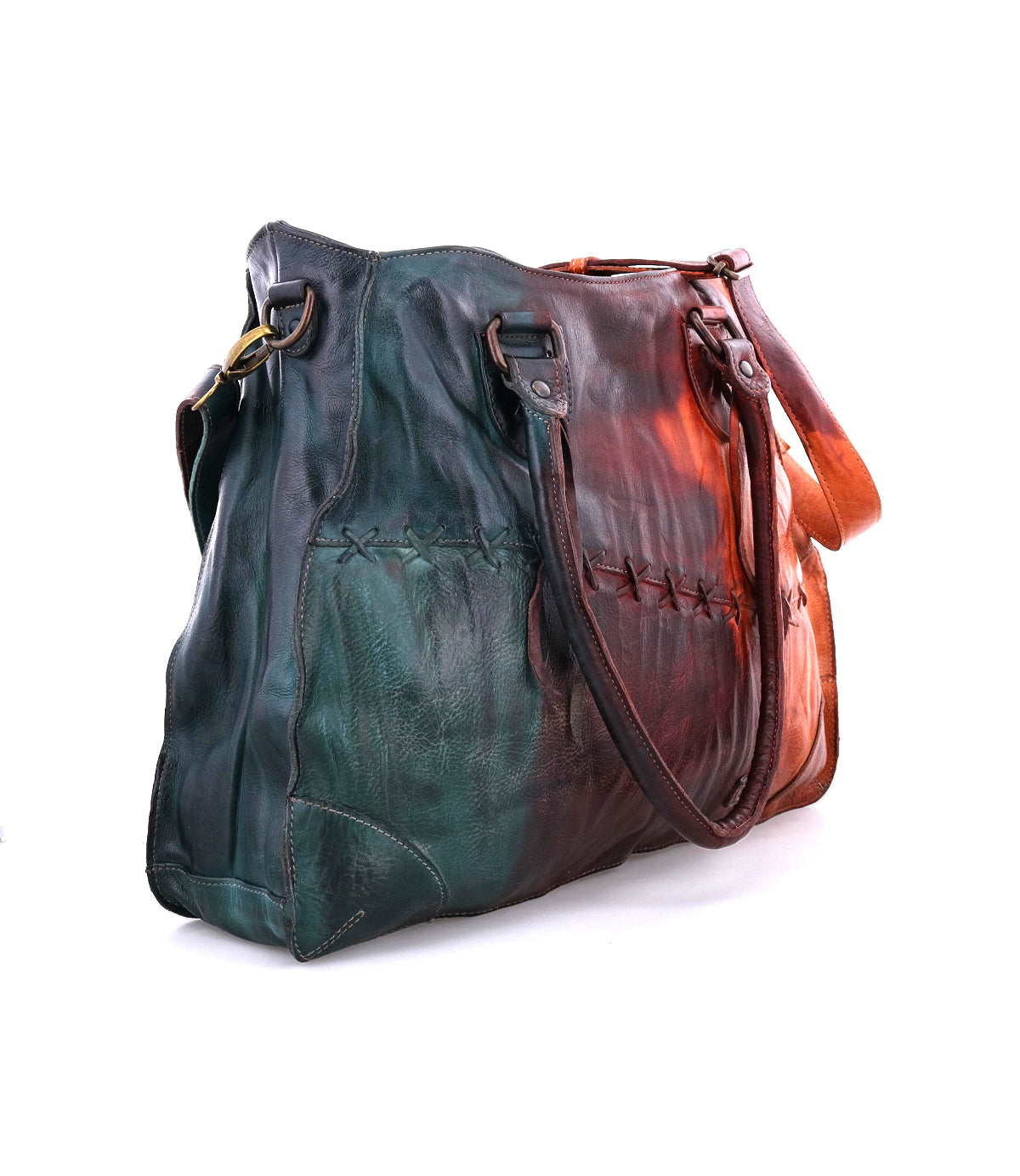 The Bed Stu Bruna is a large tote bag in green and brown leather, featuring artisanal craftsmanship, double handles, side stitching, and a slightly worn finish.