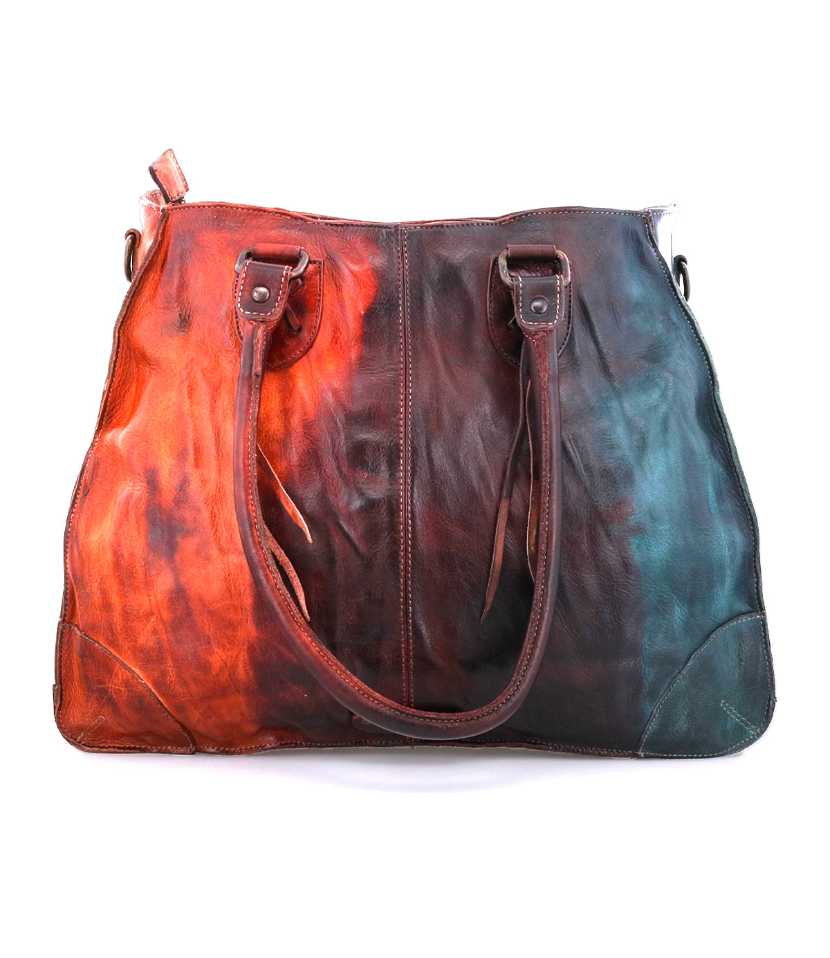 The Bruna by Bed Stu is a large leather bag with two shoulder straps, featuring a gradient blend of red, brown, and teal tones that highlight its artisanal craftsmanship.
