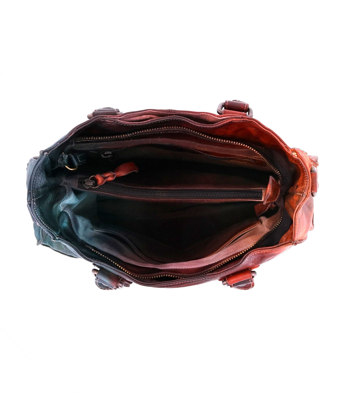 Top view of the Bed Stu Bruna leather bag, highlighting artisanal craftsmanship and multiple compartments—including a central zippered pocket and side pockets—set against a white background.