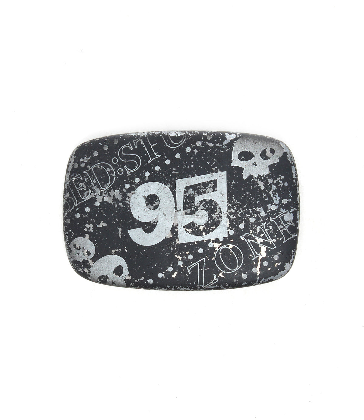 The Bed Stu 95 Buckle is a rectangular, black belt buckle with a distressed finish, featuring the number "95" and skull graphics for an edgy look.