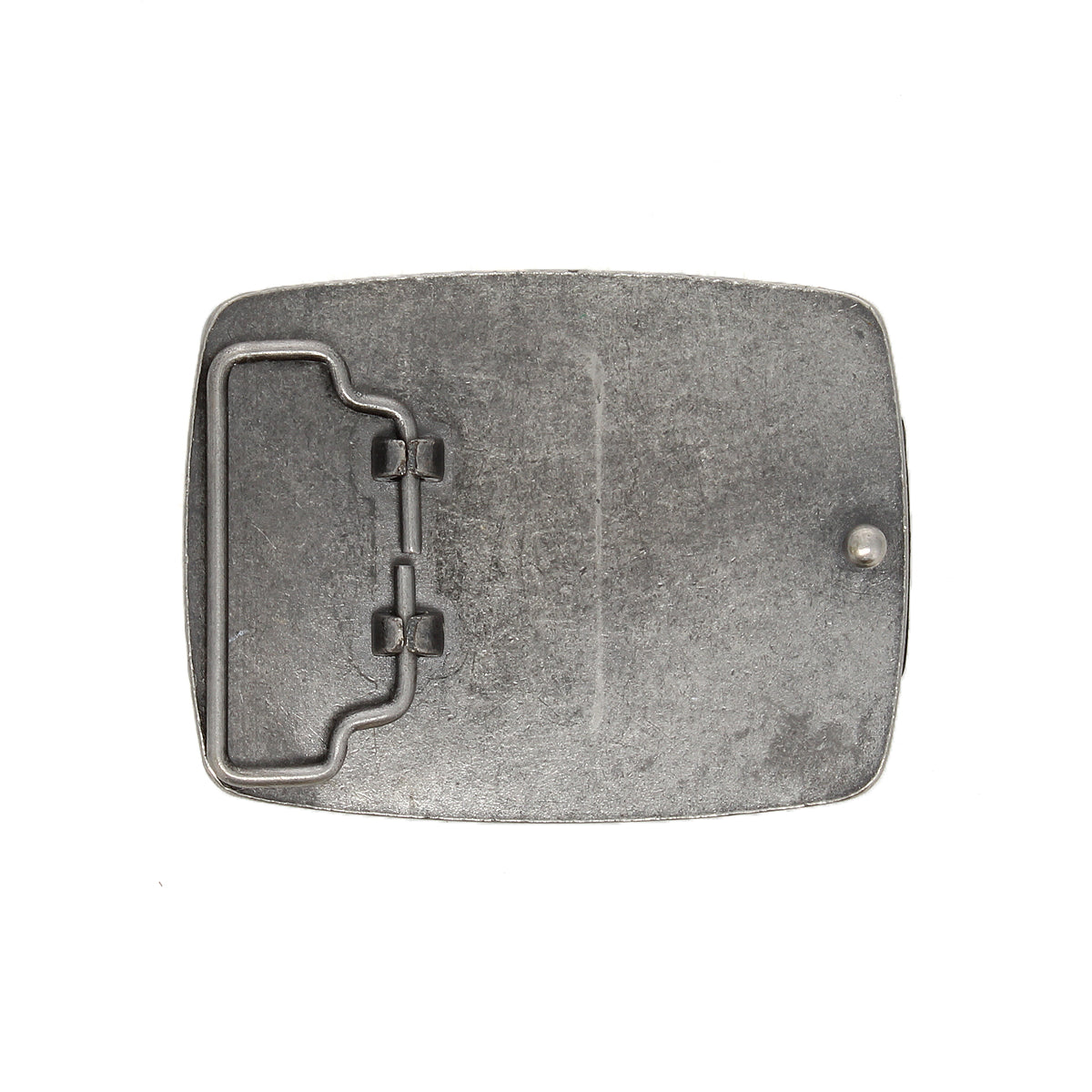 The Bed Stu Bear Buckle, a rectangular metallic western belt buckle with a simple hinge and clasp, is shown against a white background.