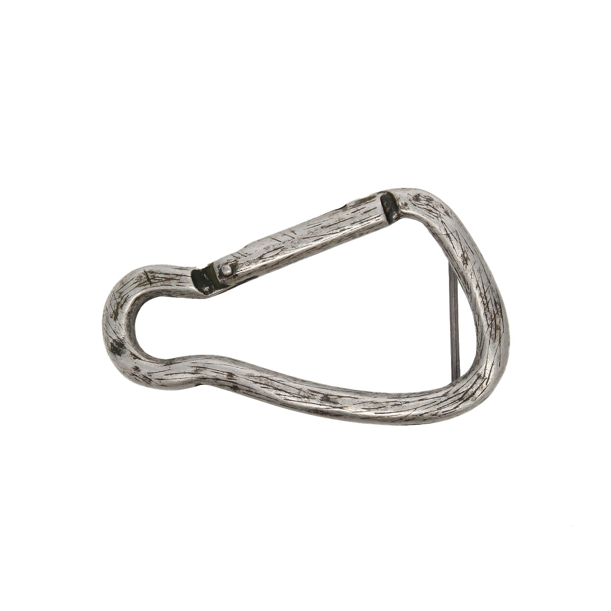 The Bed Stu Biner Buckle is a scratched, silver metal carabiner belt buckle with a spring-loaded gate and an antiqued silver finish, displayed on a plain white background.