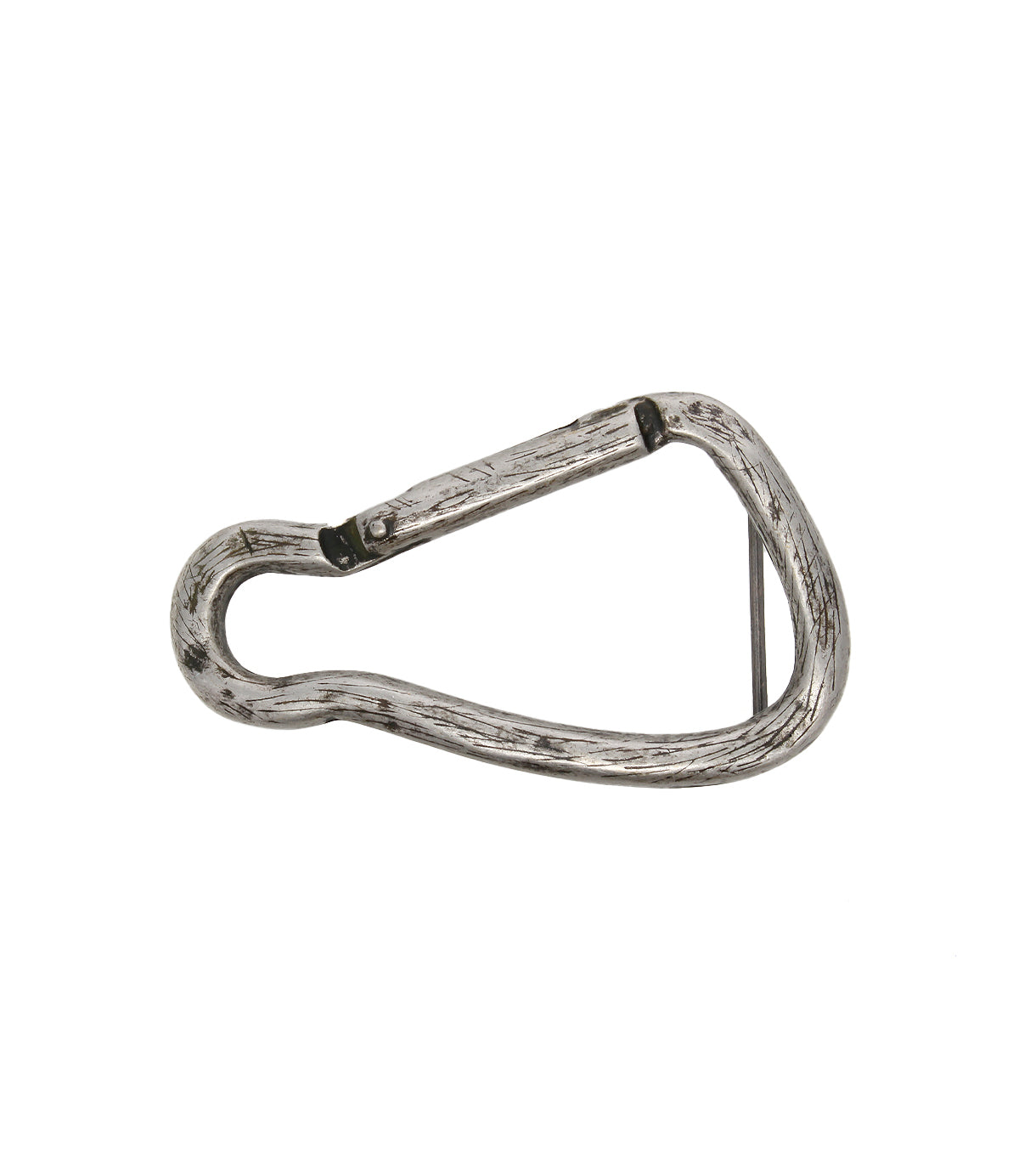 The Bed Stu Biner Buckle is a scratched, silver metal carabiner belt buckle with a spring-loaded gate and an antiqued silver finish, displayed on a plain white background.