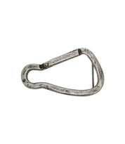 The Bed Stu Biner Buckle is a scratched, silver metal carabiner belt buckle with a spring-loaded gate and an antiqued silver finish, displayed on a plain white background.