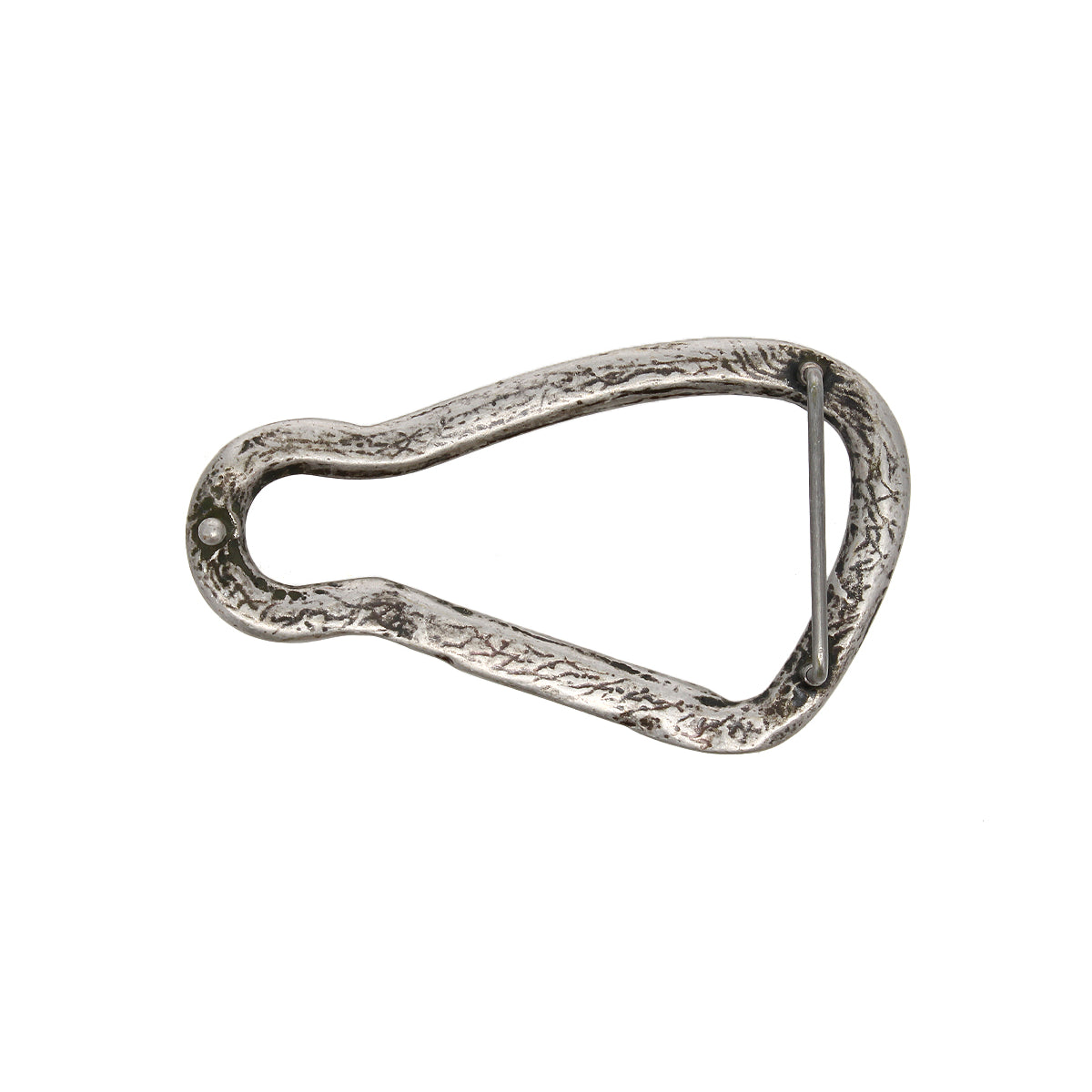 The Bed Stu Biner Buckle is a metal carabiner belt buckle with a textured surface, open gate, and antiqued silver finish, shown on a white background.